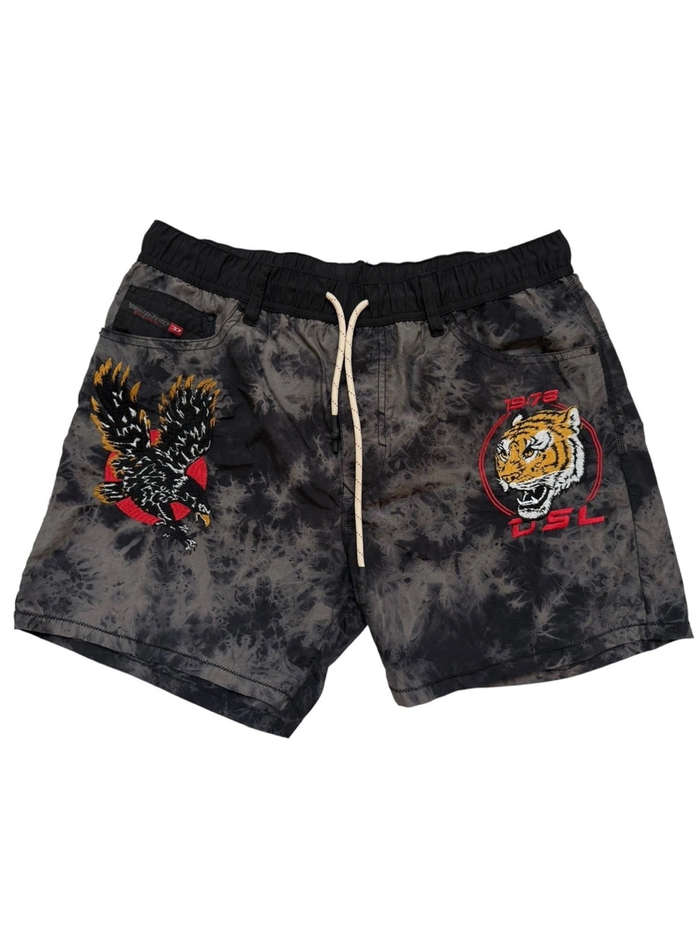 Diesel Black & Gray Tie-Dye Swim Trunks Shorts with Tiger and Eagle Embroidery L